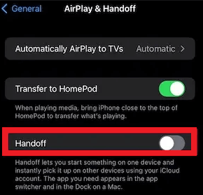 Airplay & Handoff để tiếp tục và tắt Handoff