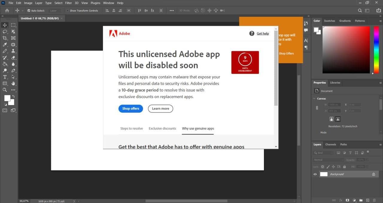 Lỗi mất bản quyền Adobe Photoshop, Illustrator This unlicensed disabled